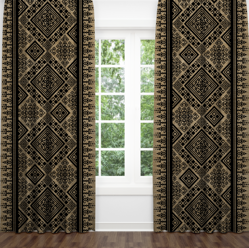 Штори з принтом Бежево-чорні орнаменти кольорові візерунки етнічний стиль 5 фотоштори