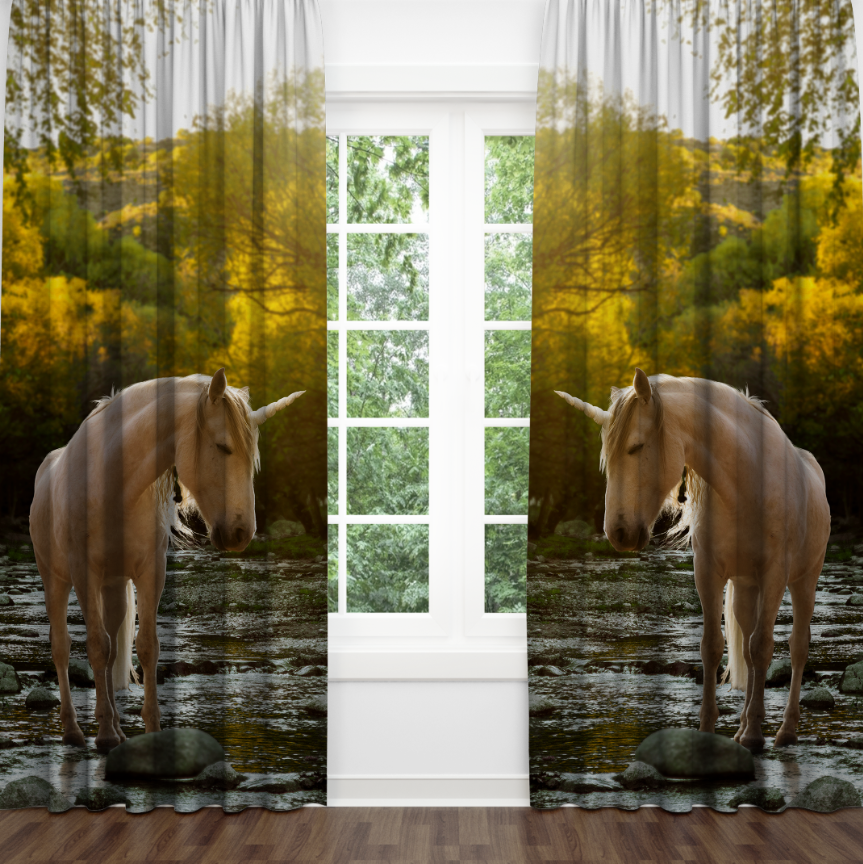 Штори з принтом Білий кінь єдиноріг річка природа фотоштори