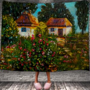 Плед Українська хата мальви етнічний стиль український етнос фольклор декор природа 150х200 см