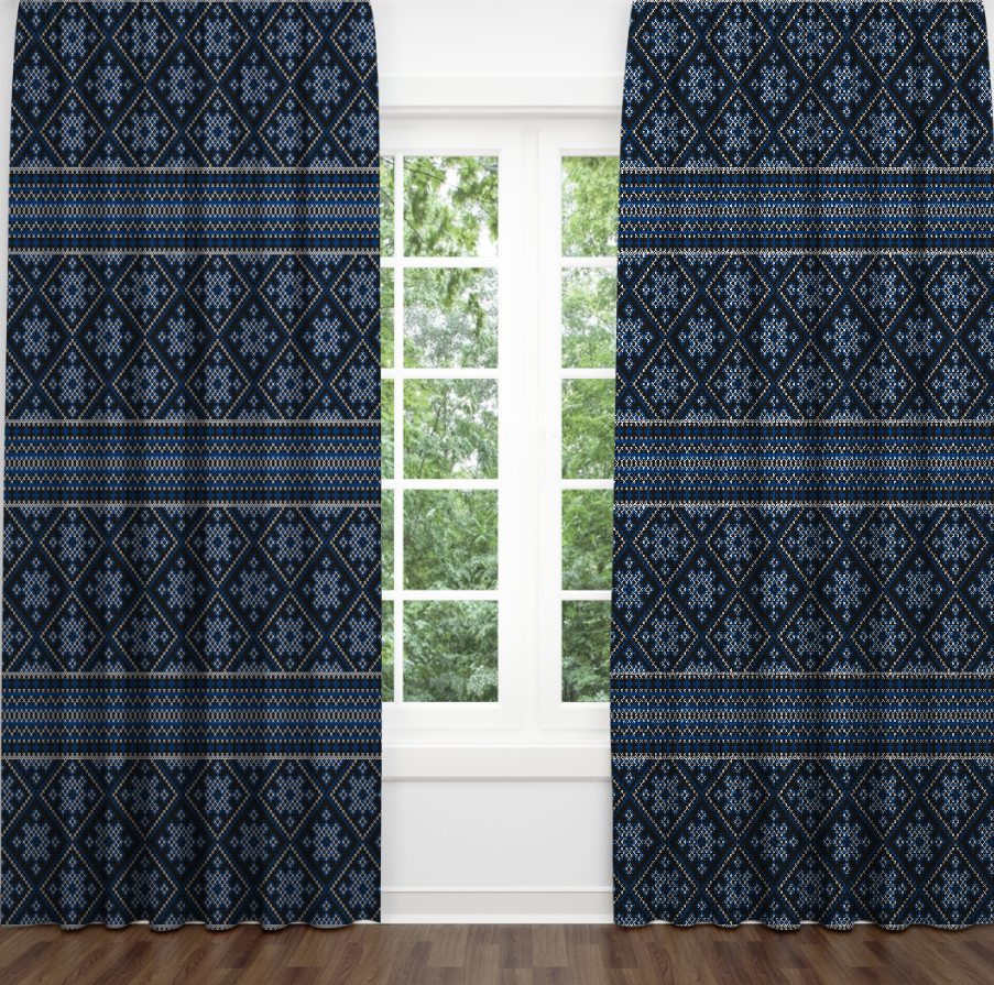 Штори Чорно синя вишиванка геометричні орнаменти візерунки етнічний стиль 1 Фотоштора ВСІ розміри