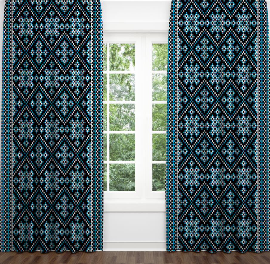 Штори Чорно синя вишиванка геометричні орнаменти візерунки етнічний стиль Фотоштора ВСІ розміри