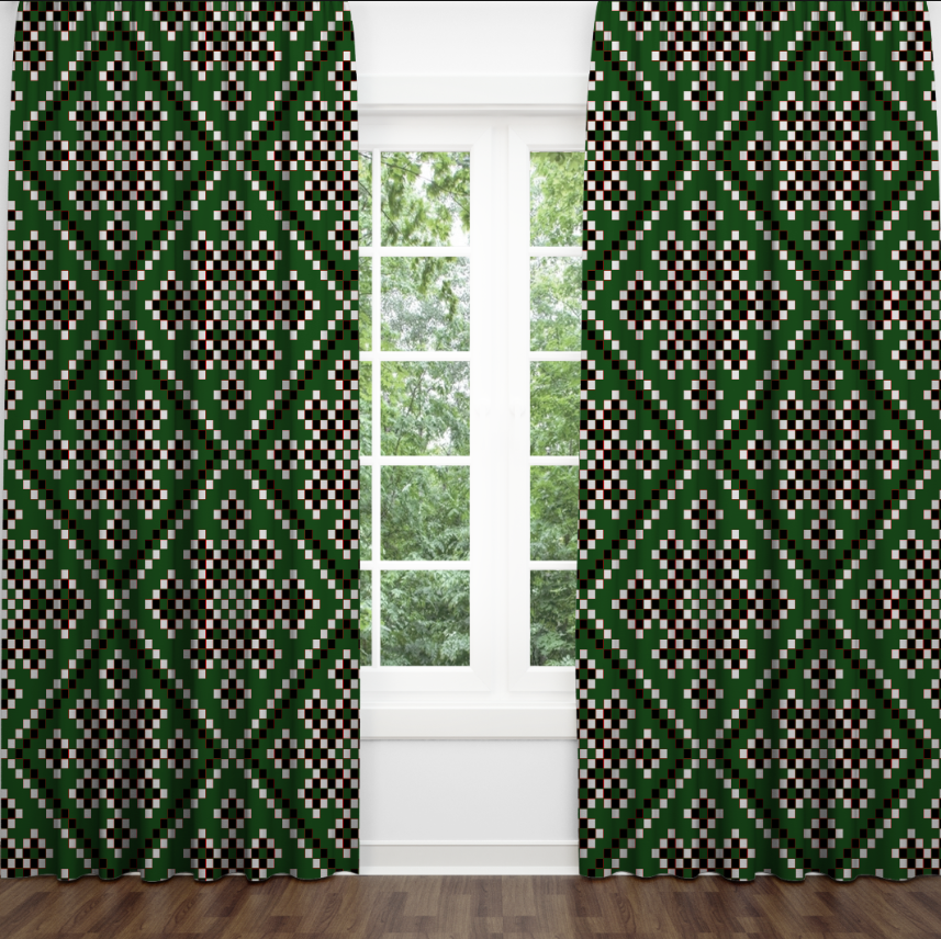 Штори Чорно зелена вишиванка геометричні орнаменти візерунки етнічний стиль 1 Фотоштора ВСІ розміри