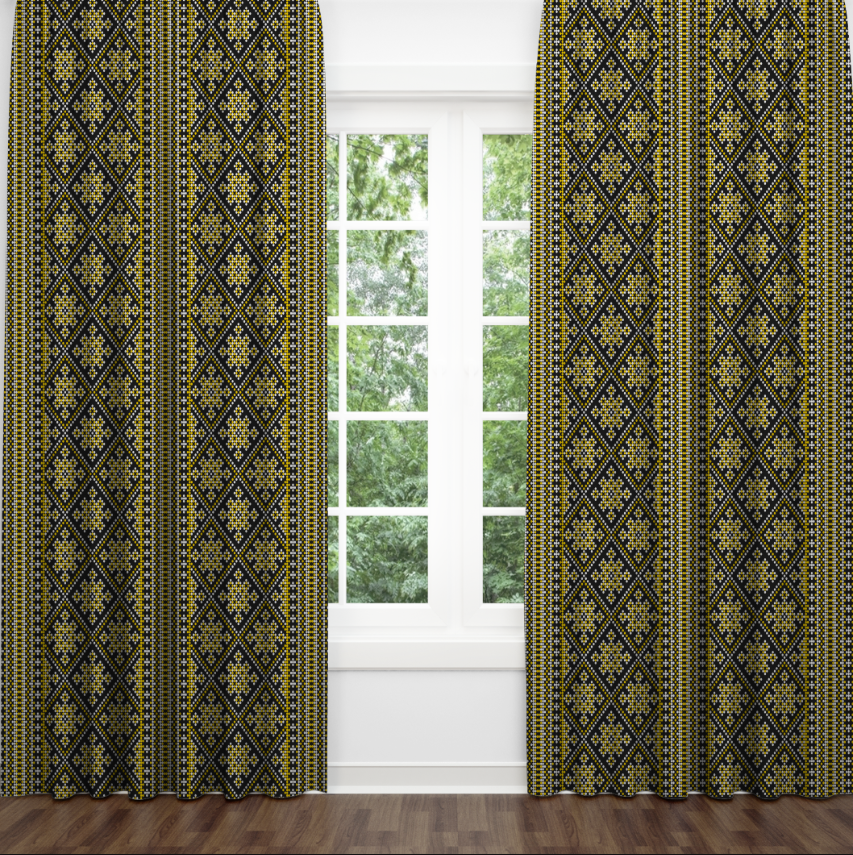 Штори Чорно жовта вишиванка геометричні орнаменти візерунки етнічний стиль 3 Фотоштора ВСІ розміри