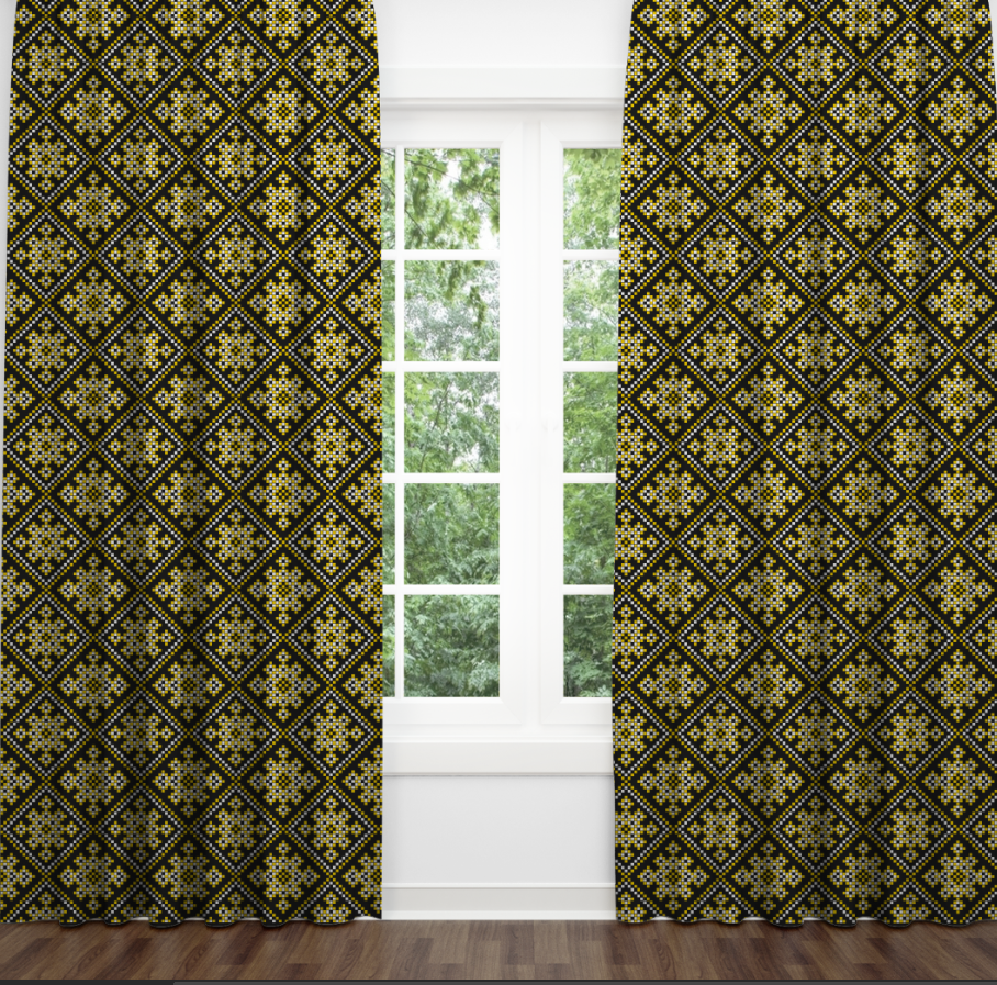 Штори Чорно жовта вишиванка геометричні орнаменти візерунки етнічний стиль Фотоштора ВСІ розміри