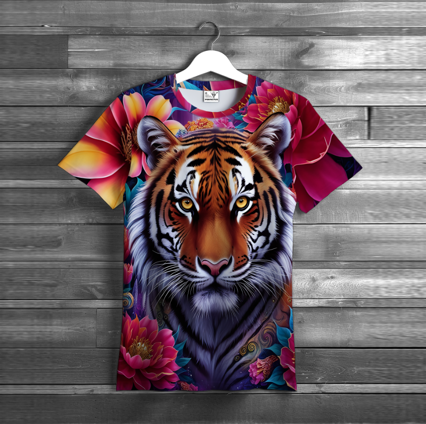 Футболка Яскрава з квітами і тигром тварина ВСІ розміри унісекс 3D принт Преміум тканина