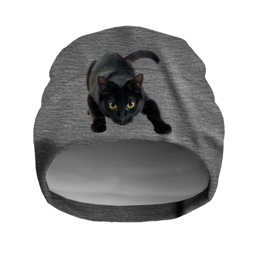 Шапка біні "Чорна кішка" унісекс з принтом ВСІ розміри