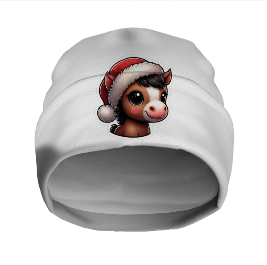 Шапка біні "Новорічна різдвяна з конем шапка Санти 2" унісекс з принтом ВСІ розміри