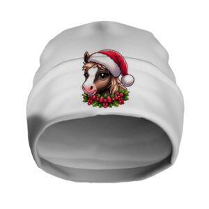 Шапка біні "Новорічна різдвяна з конем шапка Санти 1" унісекс з принтом ВСІ розміри