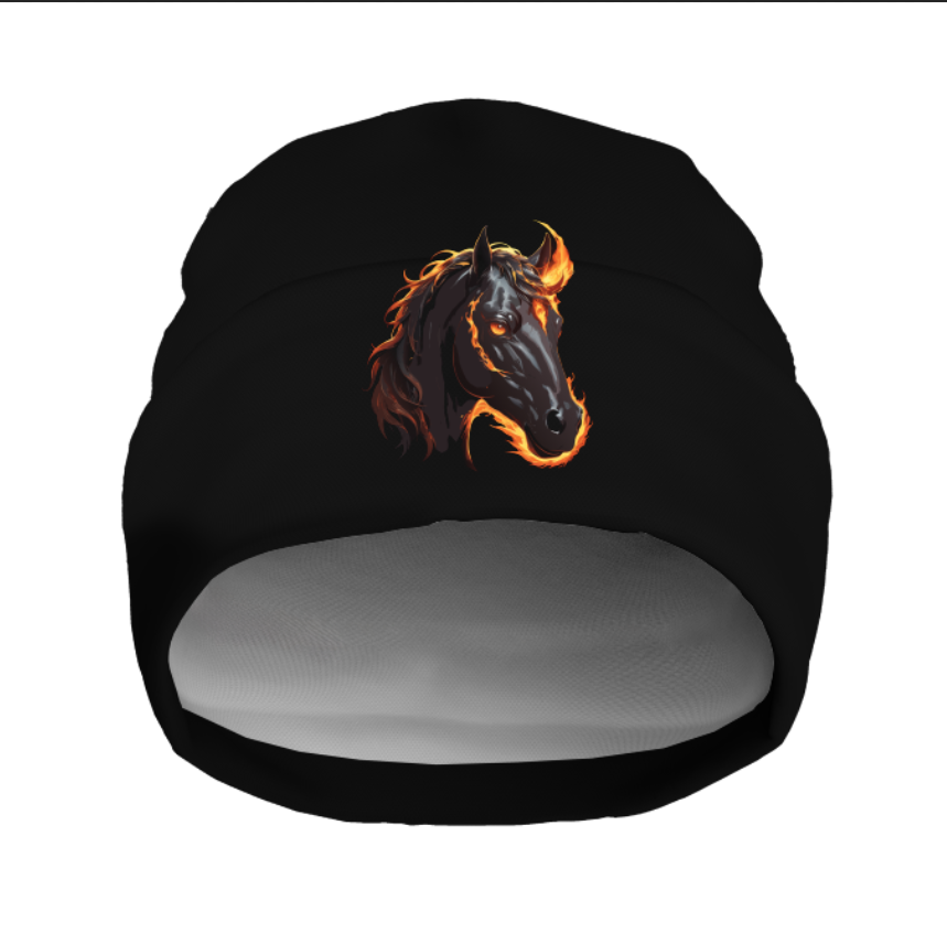 Шапка біні "Новорічна різдвяна з конем Вогняний кінь 1" унісекс з принтом ВСІ розміри