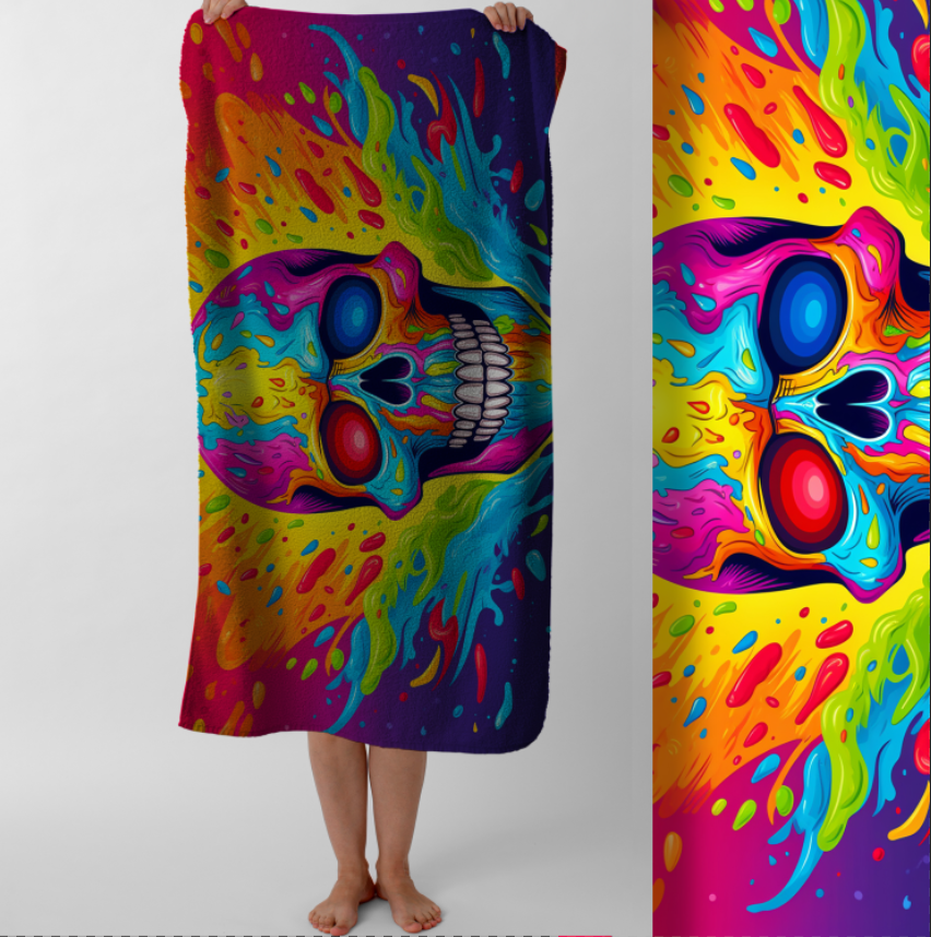 Рушник Яскравий барвистий череп райдужні фарби готика  пляжний з принтом ВСІ розміри