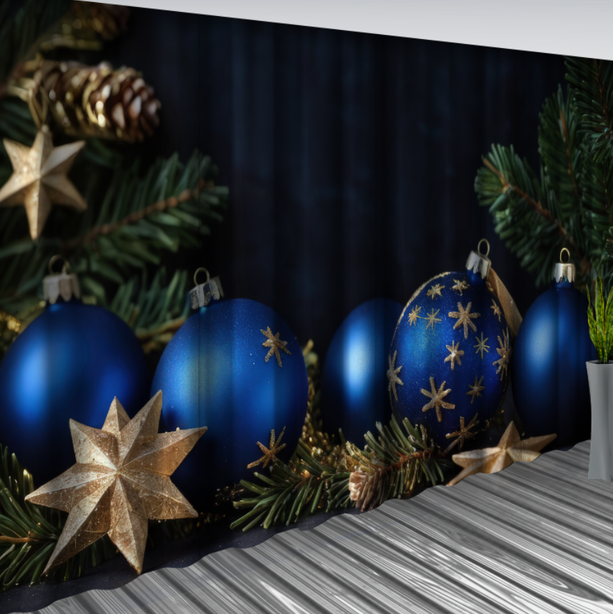 Штори Сині з іграшковими кульками 88 Новорічні Різдвяні святковий декор