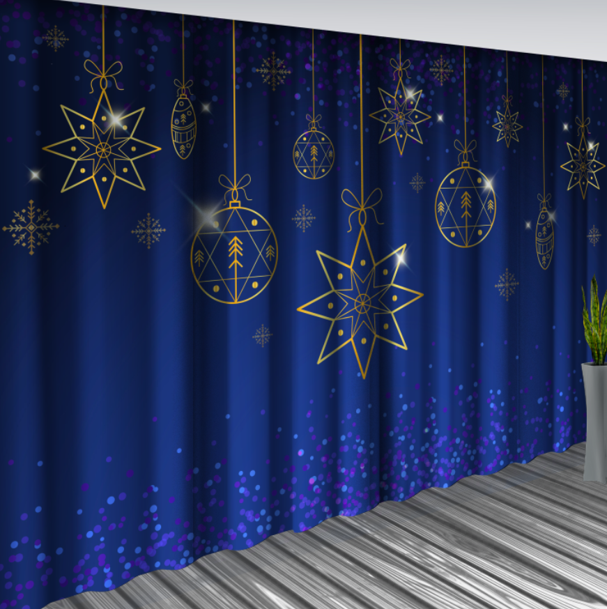 Штори Сині з іграшковими кульками 3 Новорічні Різдвяні святковий декор