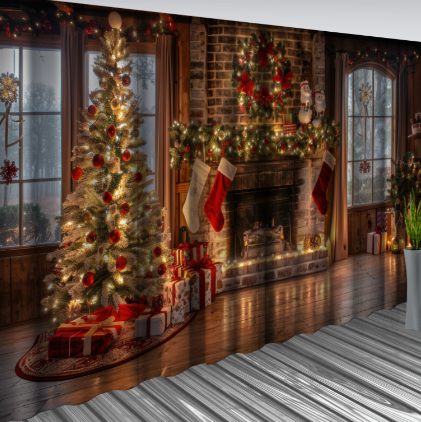 Штори Санта різдвяна кімната з каміном вікном ялинка 77 Новорічні Різдвяні святковий декор