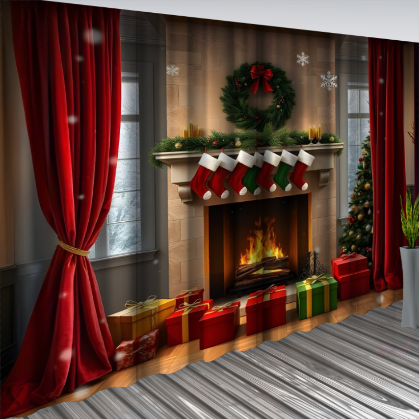 Штори Санта різдвяна кімната з каміном вікном ялинка 001 Новорічні Різдвяні святковий декор