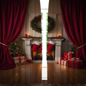 Штори Санта кімната з каміном ялинка червоні штори Новорічні Різдвяні святковий декор