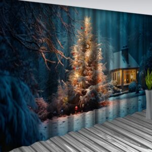 Штори Нічний зимовий ліс з ялинкою Новорічні Різдвяні святковий декор