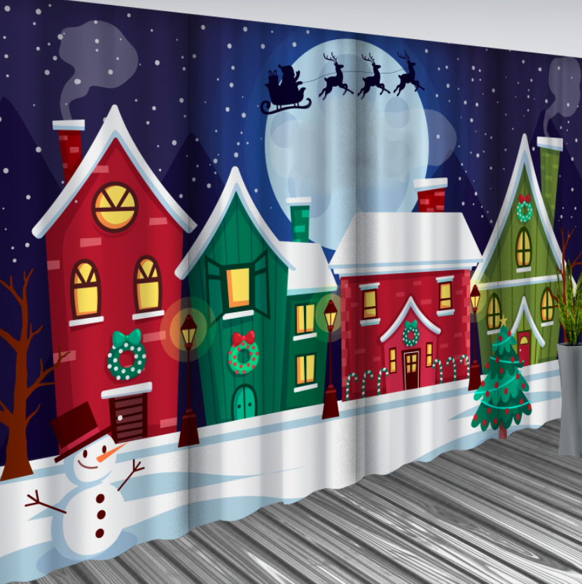 Штори Зимове святкове місто мульт місяць Санта з оленями 22 Новорічні Різдвяні святковий декор
