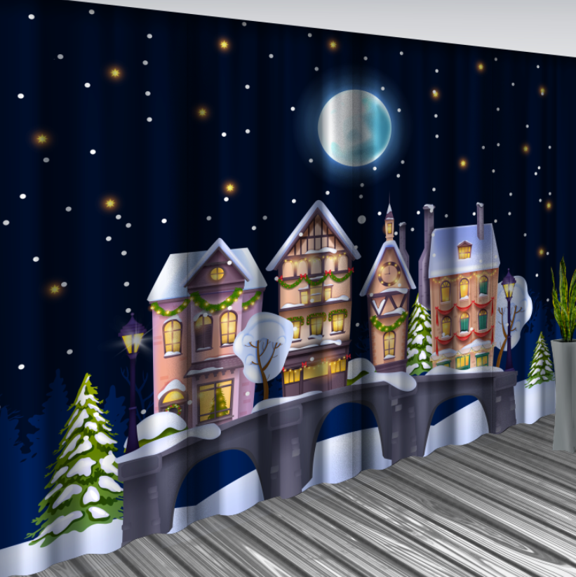 Штори Зимове святкове місто мульт місяць Новорічні Різдвяні святковий декор