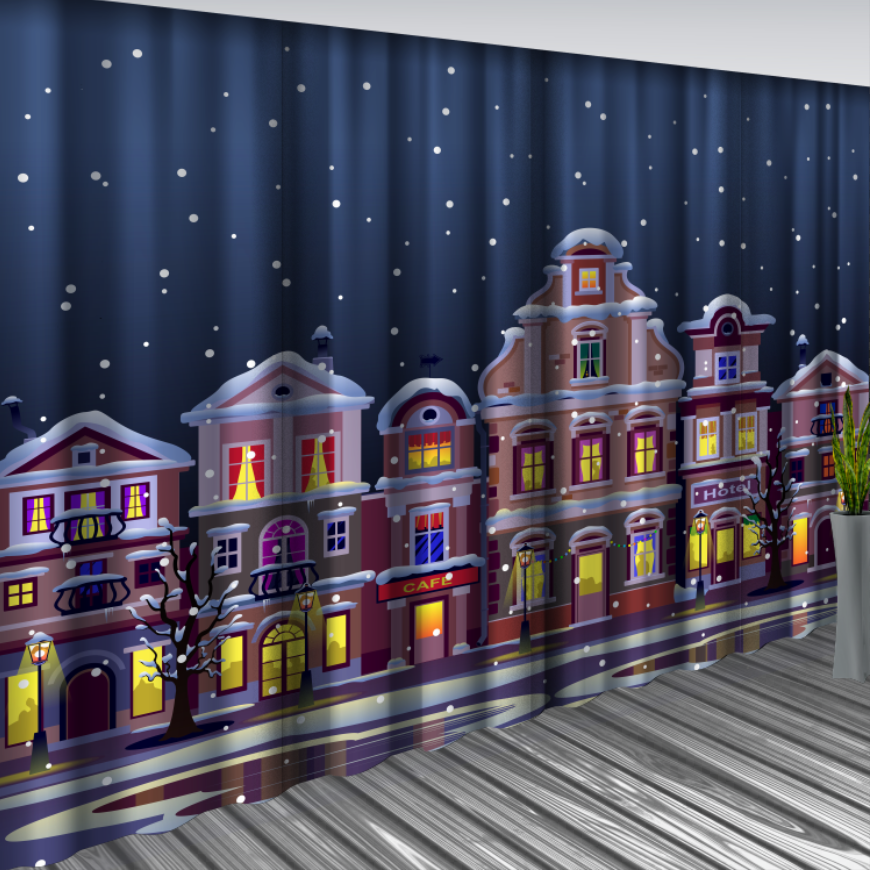 Штори Зимове нічне святкове село місто мульт місяць 44 Новорічні Різдвяні святковий декор