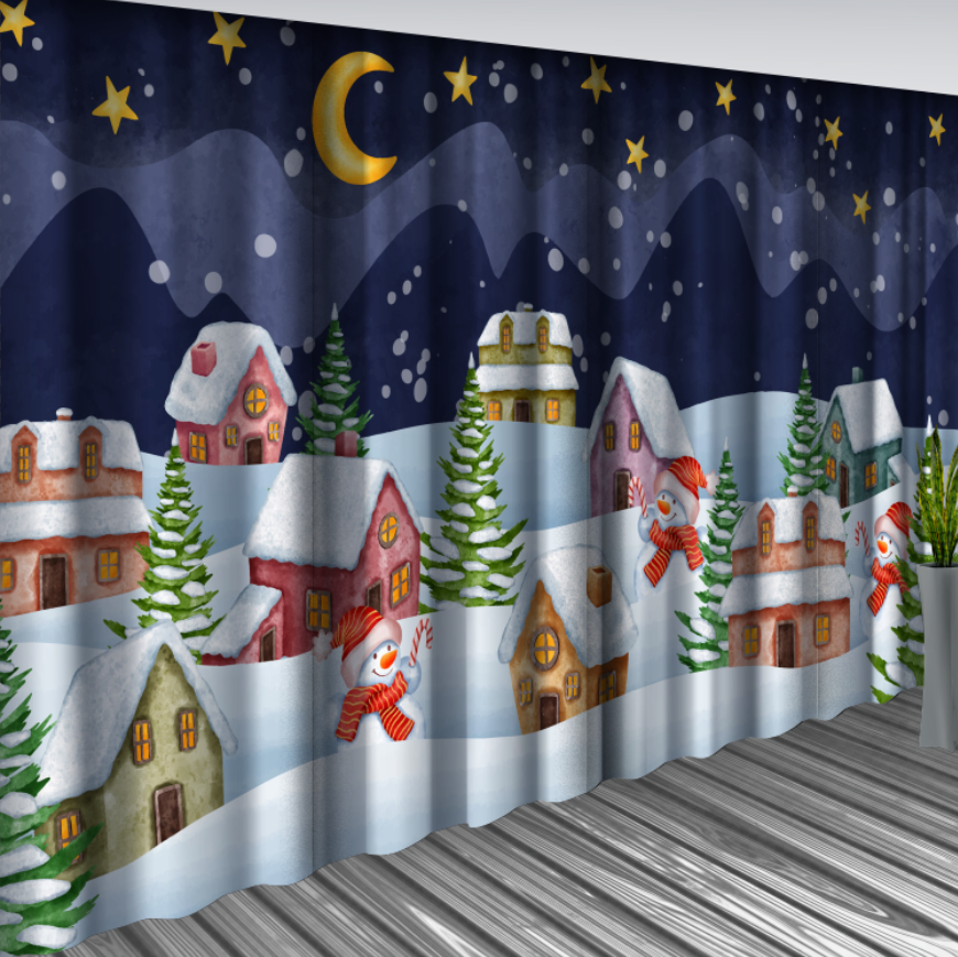Штори Зимове нічне святкове село місто мульт місяць Новорічні Різдвяні святковий декор