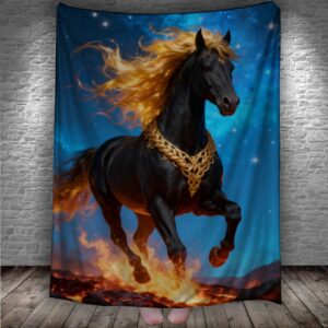 Плед "Чорний кінь з вогняною гривою та хвостом лава зіркове небо 1" 150х200 см