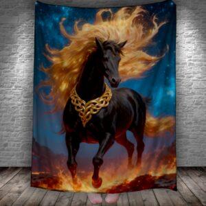 Плед "Чорний кінь з вогняною гривою та хвостом лава зіркове небо" 150х200 см