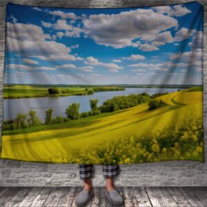 Плед "Природа мальовничий краєвид із полем ріпаку річкою небом із хмарами" 150х200 см