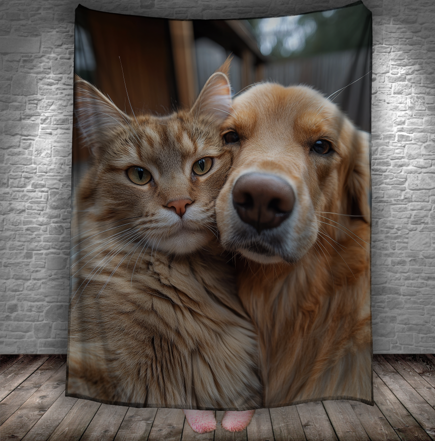 Плед "Кіт та собака позують разом роблять селфі прикольні тваринки портрет крупний план" 150х200 см