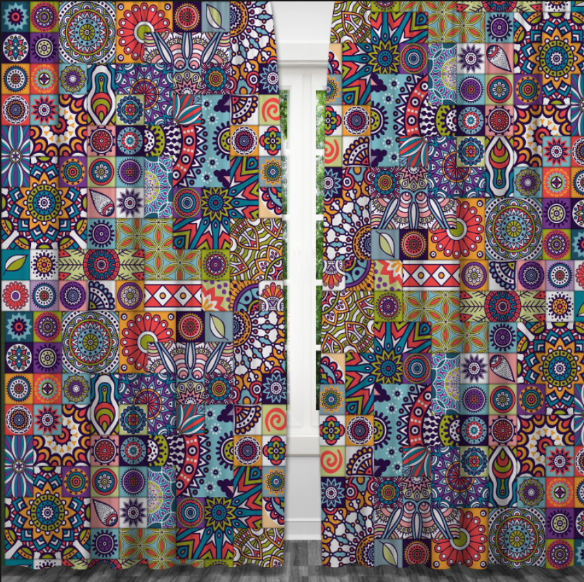 Штори З візерунком мандали богемні у стилі печворк з різнокольоровими мандалами Фотоштора ВСІ розміри