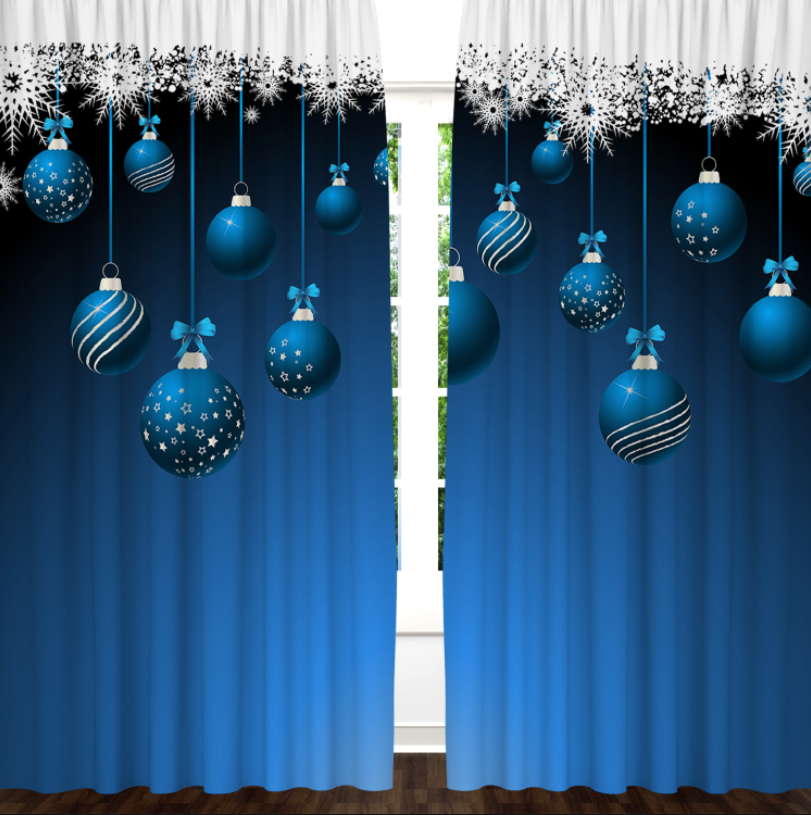 Штори Блакитні різдвяні новорічні з візерунком сніжинок ялинкові золотисті прикраси кульки Фотоштора ВСІ розміри