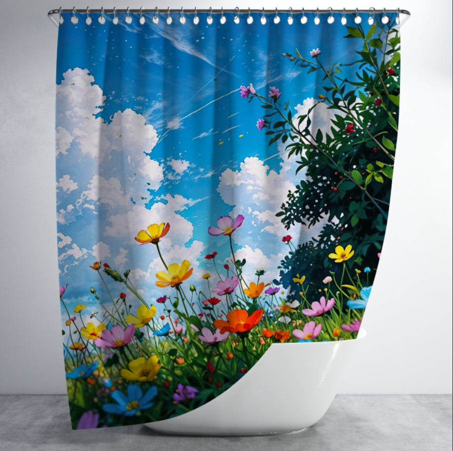 Штора в душ Польові квіти на фоні блакитного неба для ванної 150х200 см
