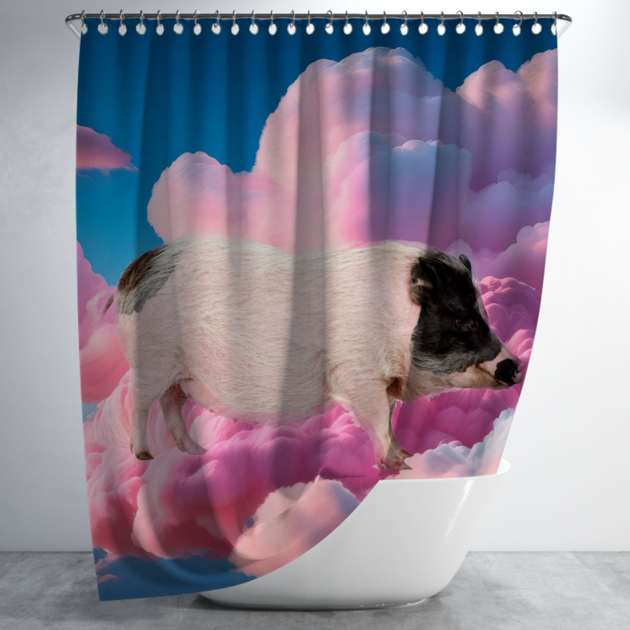 Штора в душ Мила свиня порося на фоні рожевих хмар для ванної 150х200 см
