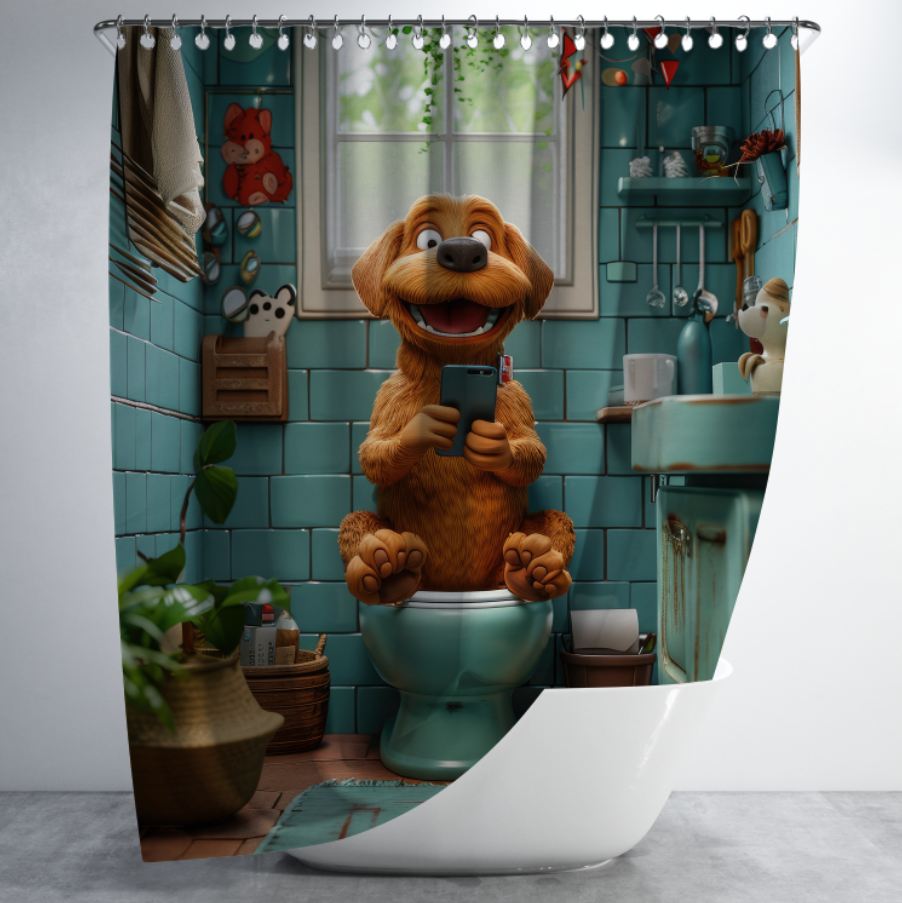 Штора в душ Песик сидить на унітазі з телефоном 1 для ванної 150х200 см