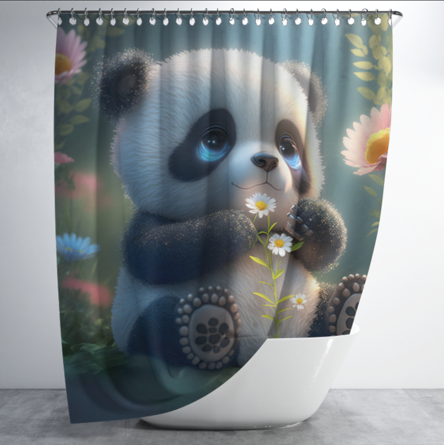 Штора в душ Панда з квітами для ванної 150х200 см