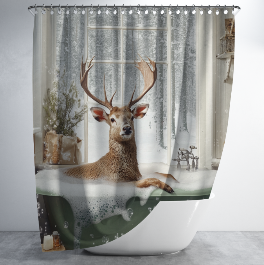 Штора в душ Новорічний олень купається у ванні для ванної 150х200 см