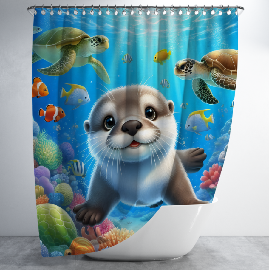 Штора в душ Мультяшні морські тварини видра риби черепаха підводний світ 1 для ванної 150х200 см