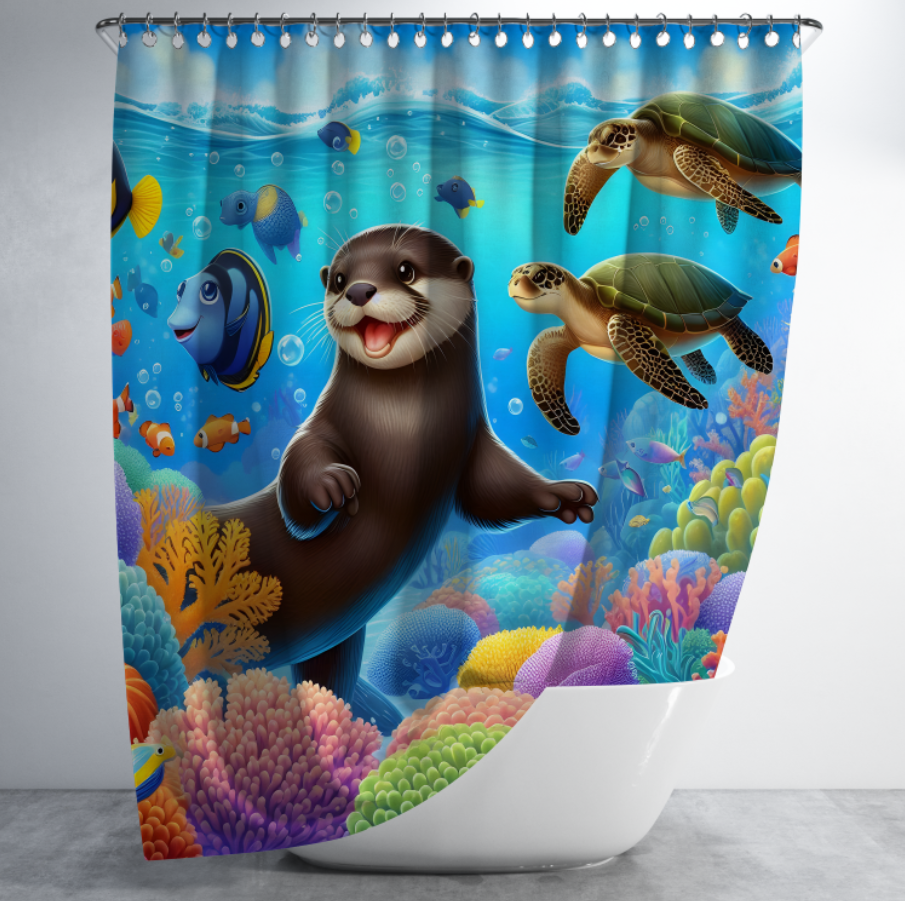 Штора в душ Мультяшні морські тварини видра риби черепаха підводний світ для ванної 150х200 см