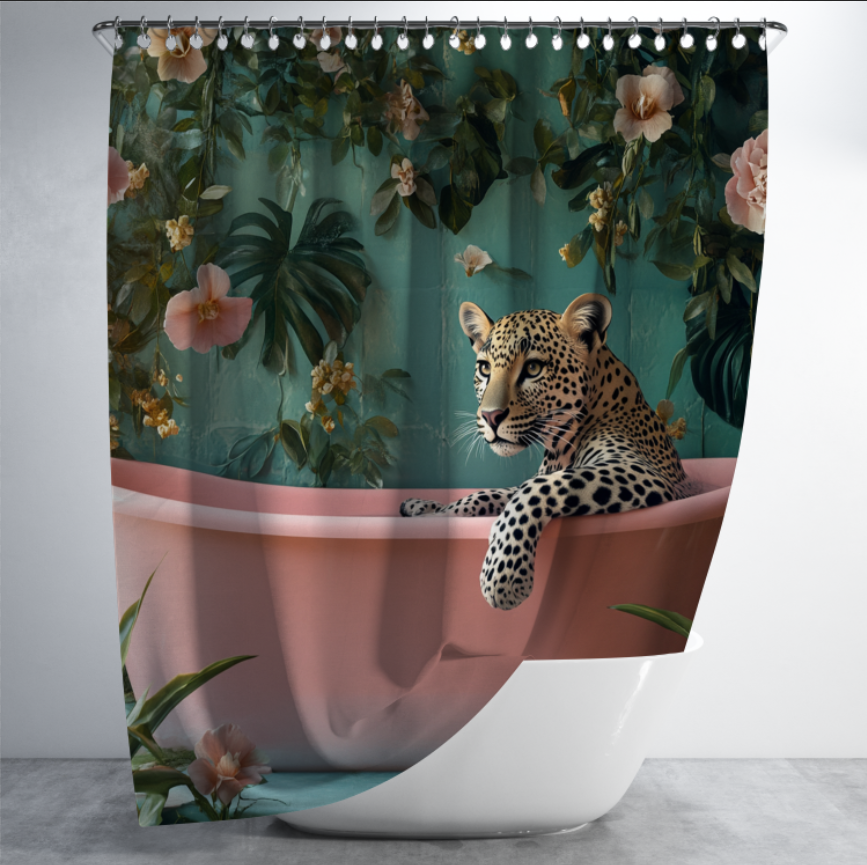 Штора в душ Леопард у рожевій ванні з тропічними рослинами для ванної 150х200 см