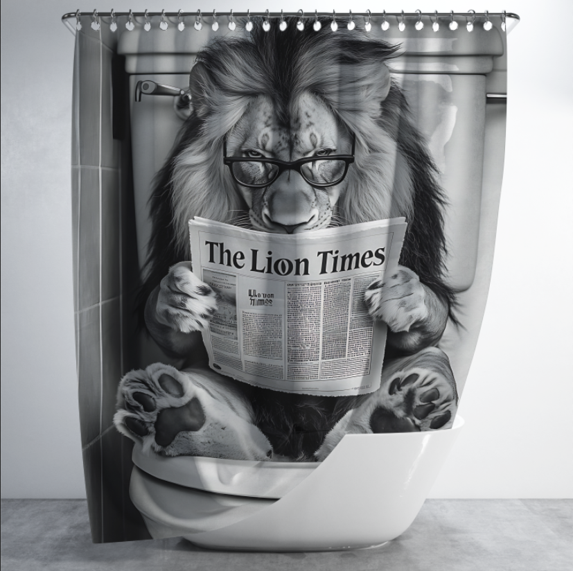Штора в душ Лев в окулярах сидить на унітазі та читає газету для ванної 150х200 см