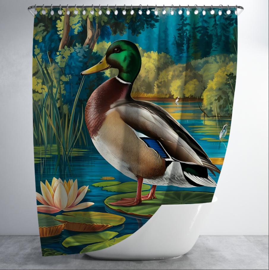 Штора в душ Качка крижень на озері з лотосом лататтям для ванної 150х200 см