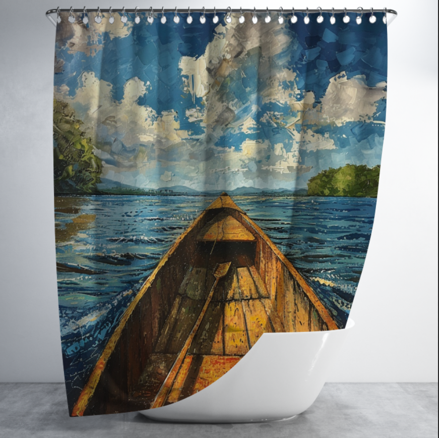 Штора в душ Картина човен на озері річці акварель для ванної 150х200 см