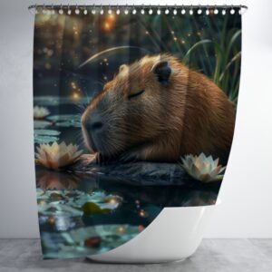 Штора в душ Капібара відпочиває біля води з лататтям лотос для ванної 150х200 см