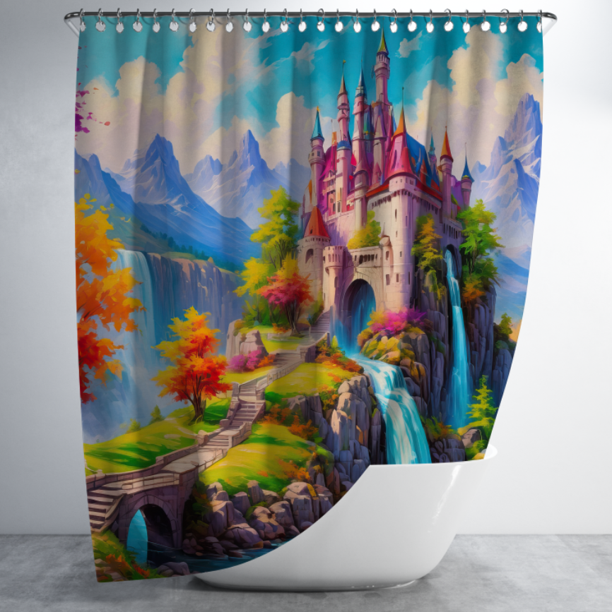 Штора в душ Казковий райдужний замок з водоспадом горами гарний краєвид природа для ванної 150х200 см