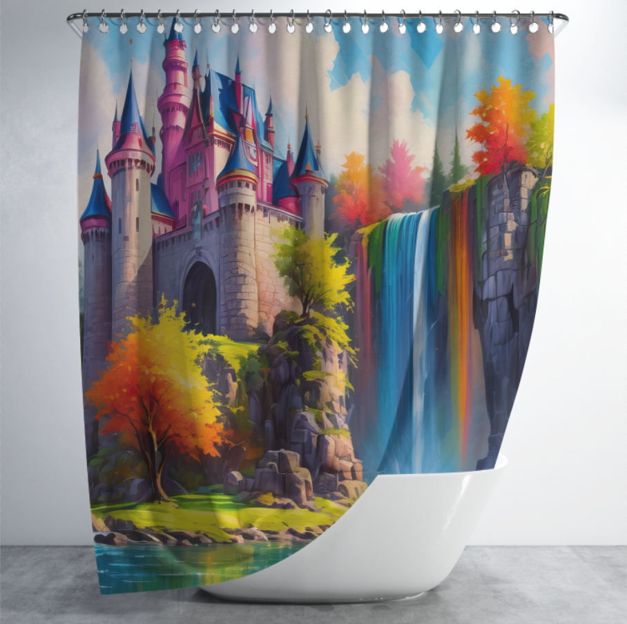 Штора в душ Казковий райдужний замок з водоспадом для ванної 150х200 см