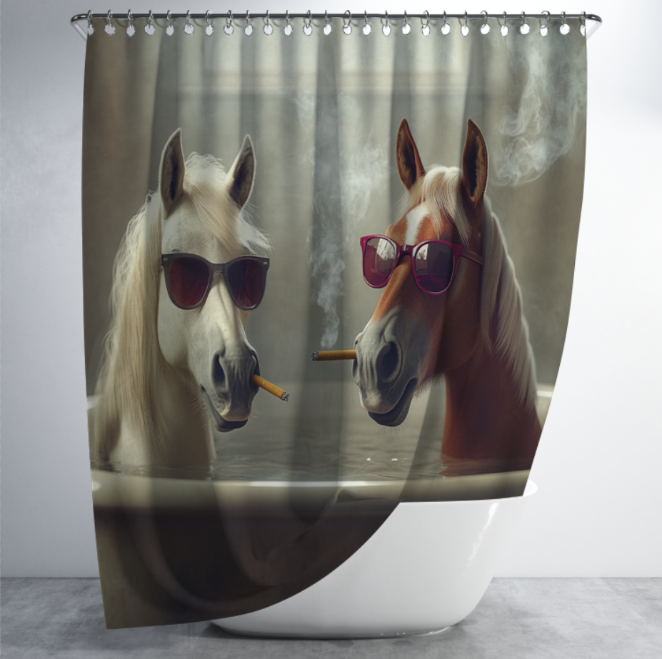Штора в душ Два прикольних коня з сигарами та вином 1 для ванної 150х200 см