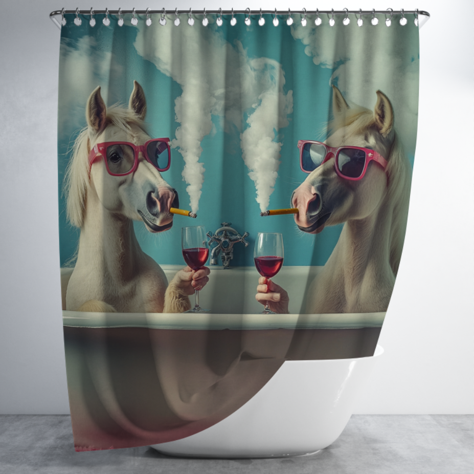 Штора в душ Два прикольних коня з сигарами та вином для ванної 150х200 см