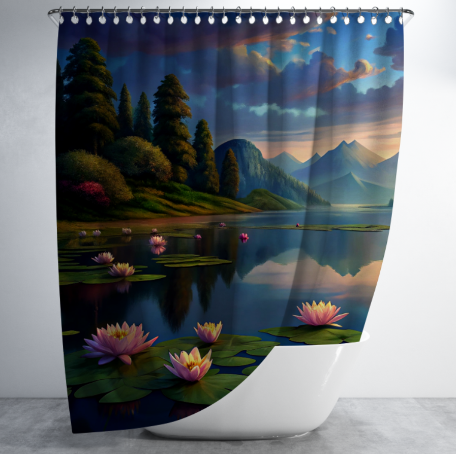 Штора в душ Гірський пейзаж природа озеро з лотосом гарний краєвид ліс 1 для ванної 150х200 см