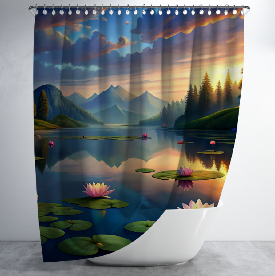 Штора в душ Гірський пейзаж природа озеро з лотосом гарний краєвид ліс для ванної 150х200 см