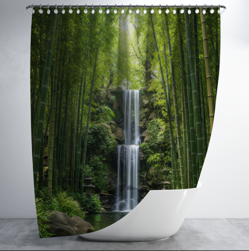 Штора в душ Гарний краєвид природа бамбуковий ліс з водоспадом для ванної 150х200 см