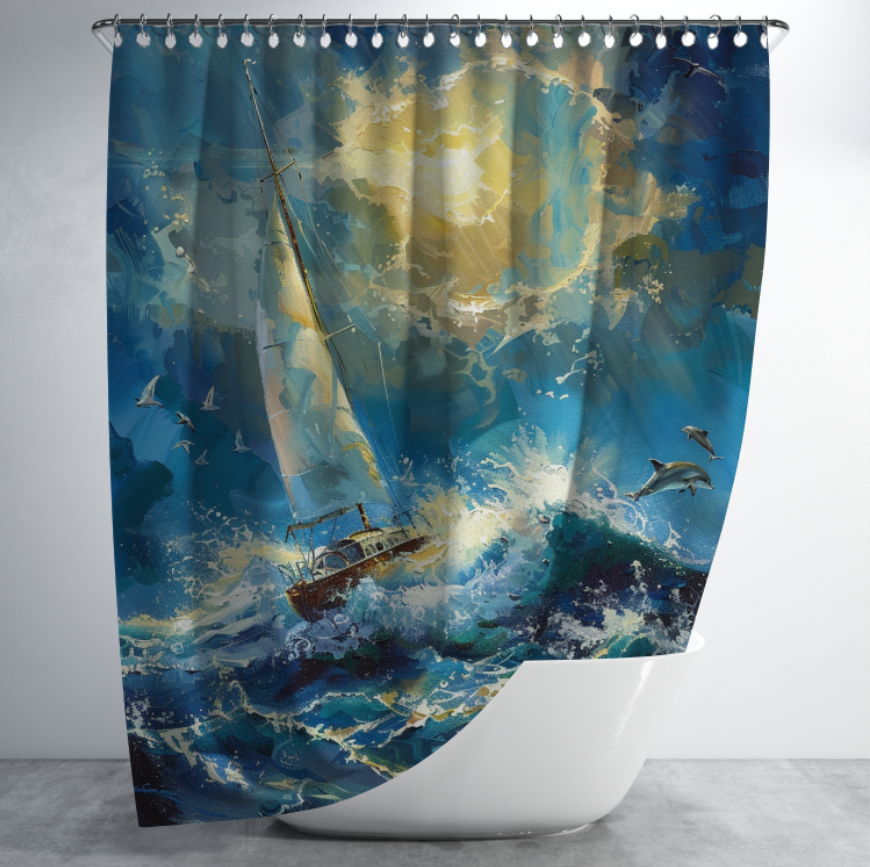 Штора в душ Вітрильника яхта корабель у штормовому морі акварель для ванної 150х200 см